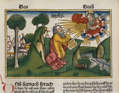 Exodus 34:1-10 Mozes ontvangt de tweede tafelen met de Tien Geboden, uit de Neurenbergse Bijbel (Biblia Sacra Germanaica) door German School