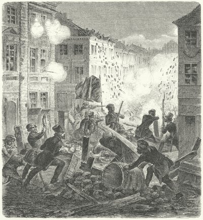 Gevechten bij een barricade voor het Colln-stadhuis, Berlijn, Revolutie van 1848 (gravure) door German School