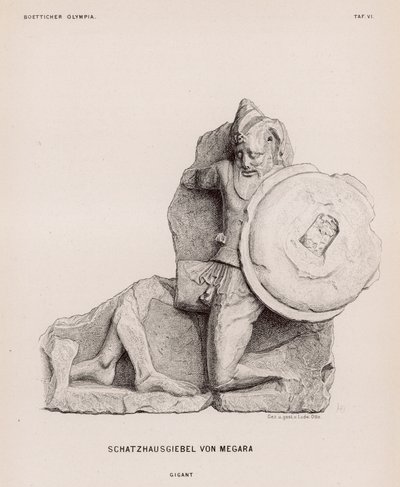 Figuur van een reus van het fronton van de Schatkamer van Megara, Olympia, Griekenland (gravure) door German School