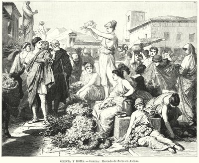 Bloemenmarkt in Athene, Oud-Griekenland door German School