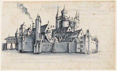 Vestingstad omringd door water (pen  inkt met blauw penseel) door German School