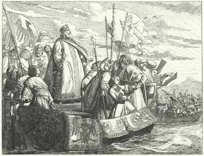 Frederik Barbarossa en zijn leger steken de Bosporus over tijdens de Derde Kruistocht door German School