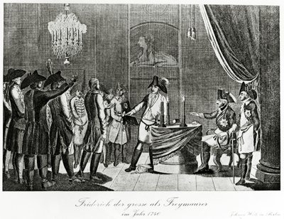 Frederik de Grote ontvangt zijn zwager, Frederik, markgraaf van Brandenburg-Bayreuth als vrijmetselaar in Berlijn in 1740 door German School