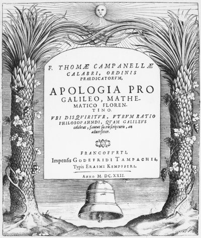 Frontispice van Apologia pro Galileo, Mathematico Florentino door Tommaso Campanella, gepubliceerd in Frankfurt, 1622 door German School