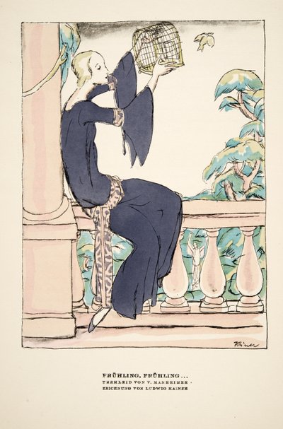 "Frühling, Frühling", reclame voor Theejurk van V. Manheimer, uit Styl, pub.1922 (pochoirdruk) door German School