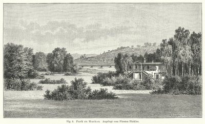 Tuinontwerp: Muskau Park, Duitsland, aangelegd door Prins Hermann von Pueckler-Muskau (gravure) door German School