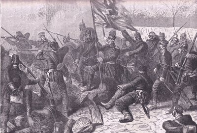 Generaal von Budretzky leidt de aanval op Le Bourget, Cassells Geschiedenis van de oorlog tussen Frankrijk en Duitsland uitgegeven door Cassell and Company Limited, ca. 1890 door German School