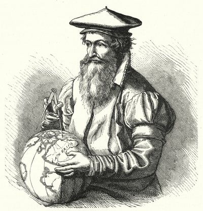 Gerardus Mercator, Vlaamse geograaf en cartograaf (gravure) door German School