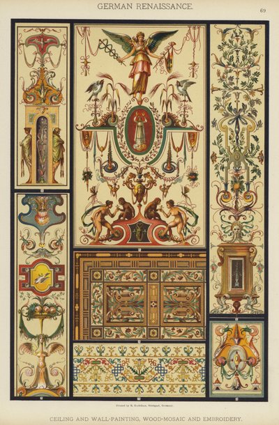 Duitse renaissance, plafond- en muurschildering, houtmozaïek en borduurwerk door German School