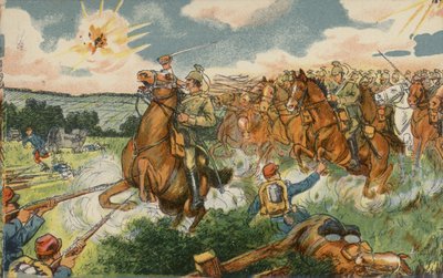 Duitse cavalerie onder bevel van kroonprins Wilhelm valt Franse troepen aan bij Longwy, Frankrijk, Eerste Wereldoorlog door German School