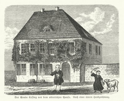 Duitse filosoof en dramaturg Gotthold Ephraim Lessing buiten het huis van zijn vader in Kamenz als jongen door German School