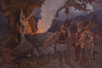 Germaanse krijgers raadplegen een waarzegger (kleurenlitho) door German School