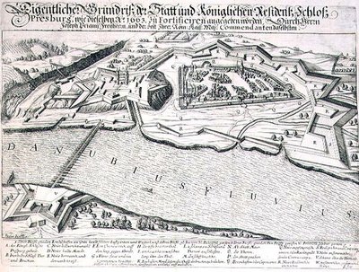Grondplan van de stad en het kasteel van Pressburg en zijn vestingwerken in 1663, illustratie uit een boek over de Ottomaanse campagnes in Europa, gegraveerd door Paul Furst door German School