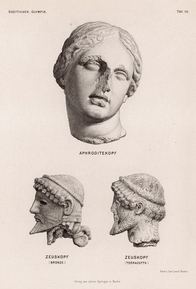 Hoofden van Aphrodite en Zeus uit Olympia, Griekenland door German School
