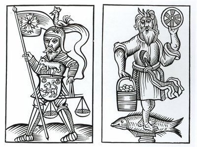 Hermensul of Irmensul (links) en Crodon (rechts) afgoden van de oude Saksen, naar een houtsnede in de Annales Circuli Westphaliae door Herman Stangefol, gepubliceerd 1656 door German School