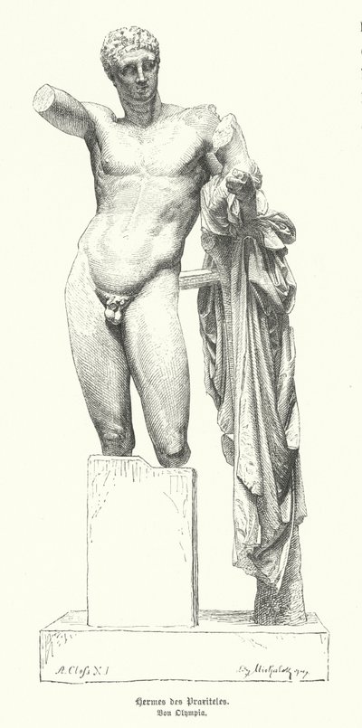 Hermes en de baby Dionysus, standbeeld door de Oud-Griekse beeldhouwer Praxiteles ontdekt in de ruïnes van de Tempel van Hera, Olympia door German School