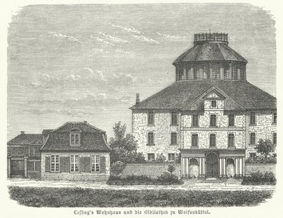 Huis van de Duitse filosoof en dramaturg Gotthold Ephraim Lessing en de bibliotheek in Wolfenbuettel (gravure) door German School