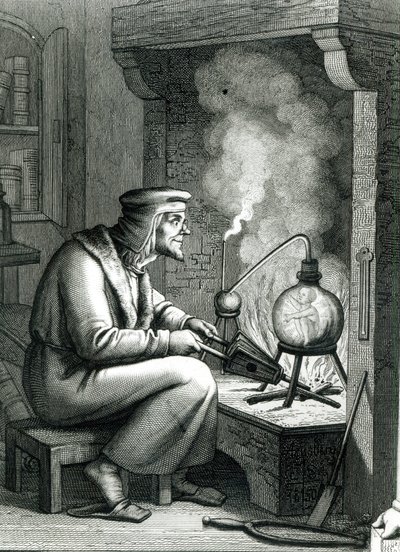 Illustratie uit Goethes Faust met Mephistopheles die een homunculus creëert, 1854 door German School