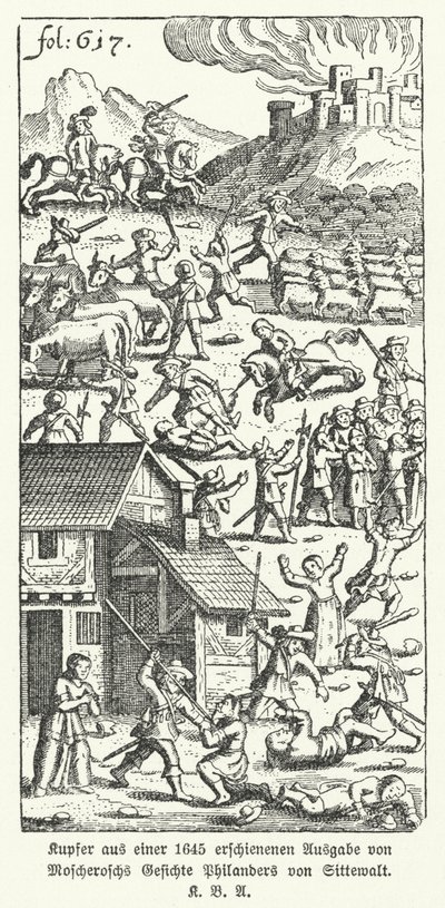Illustratie uit een editie van 1645 van het satirische werk Wunderliche und Wahrhafftige Gesichte Philanders von Sittewald van de Duitse schrijver Johann Michael Moscherosch (litho) door German School