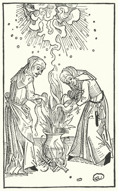 Illustratie uit een verhandeling van Ulrich Molitor over waarzeggende vrouwen en hekserij (gravure) door German School