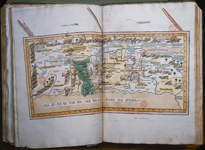 Inc. 425 Kaart van het Heilige Land, gebaseerd op beschrijvingen en coördinaten gegeven in Cosmographica, door Ptolemaeus (Claudius Ptolemaeus van Alexandrië) (c.90-168 na Christus) gepubliceerd in Ulm, Duitsland, door Johann Reger door German School