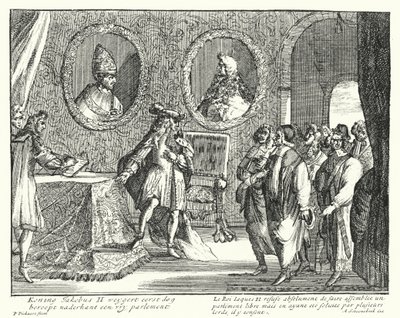 Jacob II van Engeland weigert het parlement te laten zitting nemen (gravure) door German School