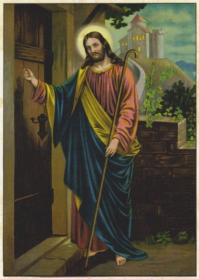 Jezus klopt op de deur van een huis (kleurenlitho) door German School