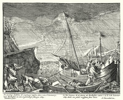 Koning Jacobus II vlucht uit Engeland, verlaat Rochester in een kleine boot door German School