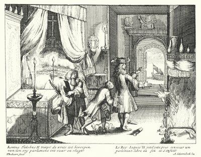 Koning James II van Engeland verbrandt het bevel om het Parlement bijeen te roepen en vlucht door German School