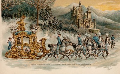 Koning Ludwig II van Beieren op weg naar kasteel Neuschwanstein in een gouden slee (chromolitho) door German School