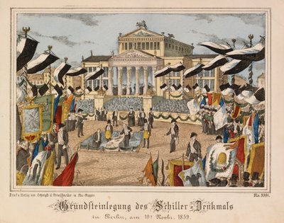 Legging van de eerste steen van het Schiller monument op de Gendarmenmarkt, Berlijn, 10 november 1859, met het Schauspielhaus op de achtergrond, uit Neuruppiner Bilderbogen, uitgegeven door Oehmigle & Ri door German School