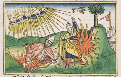 Leviticus 10:1-2 Nadab en Abihu offeren onheilig vuur en sterven, uit de Neurenbergse Bijbel (Biblia Sacra Germanaica) door German School