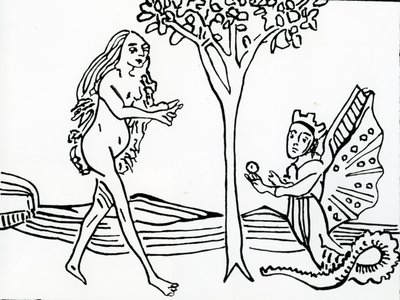 Lilith, gevleugeld en gekroond, met slangenstaart, biedt de appel aan Eva aan, uit 