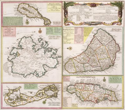 Kaart van Engelse Koloniën in het Caribisch gebied, uitgegeven door Homanns Erven, Neurenberg, ca.1750 door German School