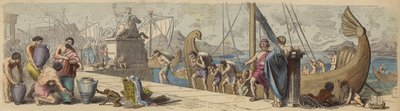 Maritieme handel in het oude Griekenland (gekleurde gravure) door German School
