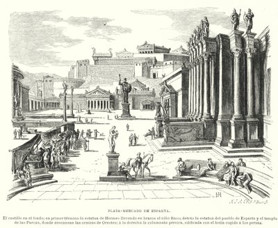Marktplaats van Sparta, Oud-Griekenland (litho) door German School
