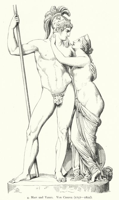 Mars en Venus, marmeren sculptuur door Italiaanse neoklassieke beeldhouwer Antonio Canova (gravure) door German School