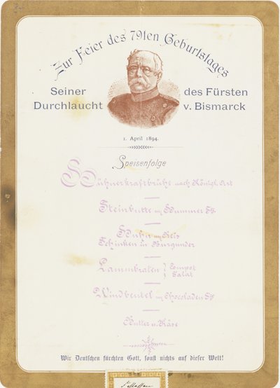 Menu bij de 79e verjaardag van Prins von Bismarck op 1 april 1894 door German School
