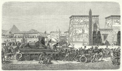 Verplaatsen van een standbeeld in het oude Egypte (gravure) door German School