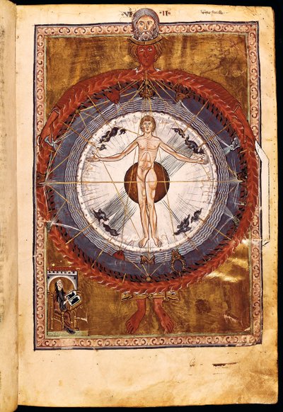 Ms 1942 De Kosmische Sferen en de Mens, visie van Hildegard van Bingen uit "Liber Divinorum Operum", circa 1220-30 door German School