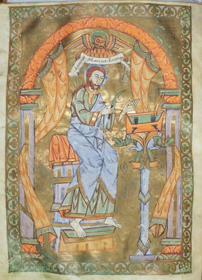 Ms Czart 1207 IV fol 76v St. Marcus de Evangelist, uit Het Evangeliarium van de Kathedraal van Plock, ca. 1075 door German School