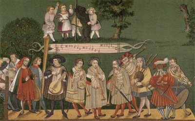 Muzikanten uit Augsburg, Duitsland, spelen voor dansers van de Geschlechtertanz, 1520 door German School