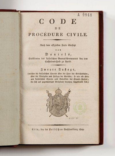 Napoleontische code van burgerlijke rechtsvordering voor de Franse departementen van de linker Rijnoever, geopend op de titelpagina, Keulen, 1809 door German School