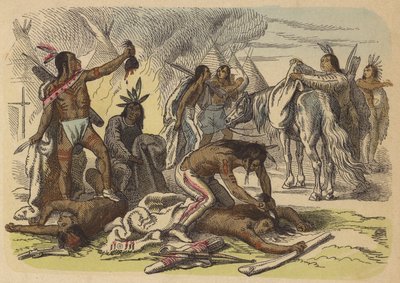 Inheemse Amerikaanse dapperen nemen de scalpen van hun vijanden (gekleurde gravure) door German School
