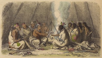 Inheemse Amerikanen van de Fox- en Ravenstammen roken de vredespijp (gekleurde gravure) door German School