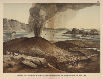Nea Kameni, vulkanisch eiland in de caldera van het Griekse eiland Santorini na de uitbarsting van 1866 (kleur litho) door German School