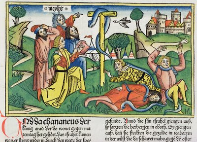 Numeri 21:4-9 Giftige slangen bijten opstandige Israëlieten, uit de Neurenbergse Bijbel (Biblia Sacra Germanaica) door German School