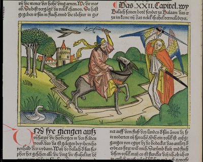 Numeri 22:20-35 Balaams pratende ezel, uit de Neurenbergse Bijbel (Biblia Sacra Germanaica) door German School