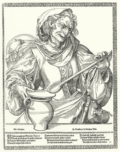 Oude vrouw met een kruik en lepel (gravure) door German School