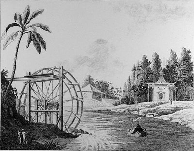 Sierlijke watermolen met Chinees paviljoen en zeilboot, uit 